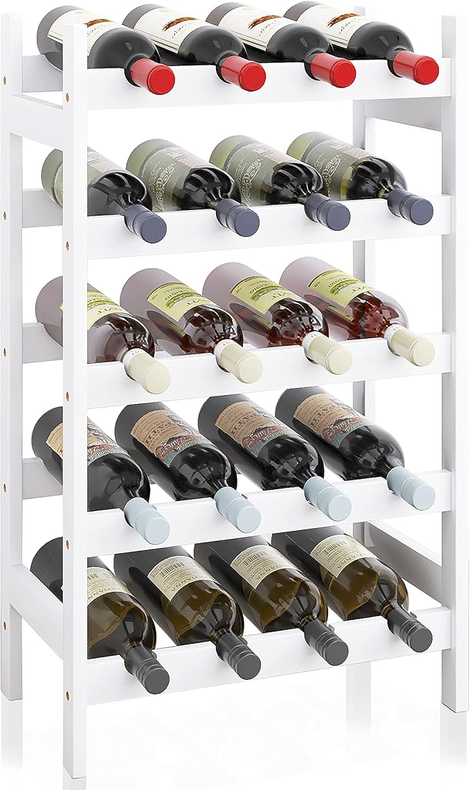 SMIBUY Bamboo Wine Rack, 20 Bottles Display Holder, 5-Tier Free Standing Storage Shelves for Kitchen, Pantry, Cellar, Bar (White)