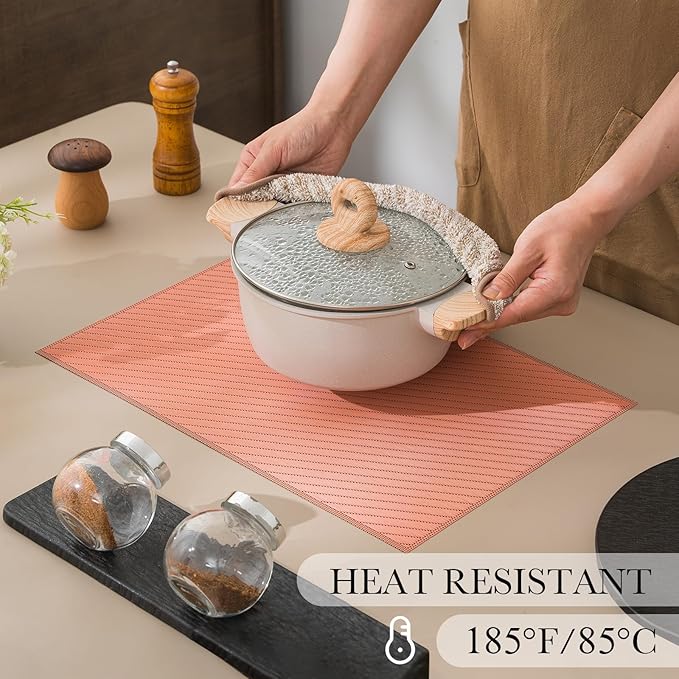 BACKTOEDEN Placemats Set of 6 Heat Resistant Washable Wipeable Placemat Woven Non-Slip Foldable Vinyl/Plastic Place Mats Indoor/Outdoor Mat Kitchen Dining Table Pad, Orange Twill