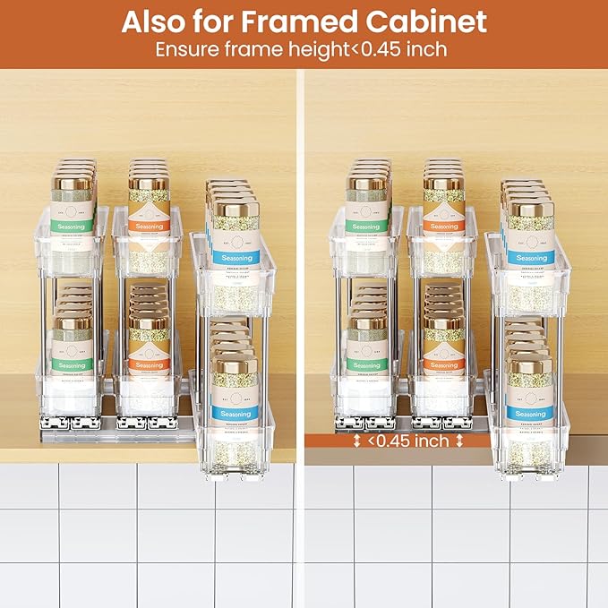 Pull Out Spice Rack Organizer for Cabinet, Slide Out Spice Racks Organizer, Easy to Install Spice Cabinet Organizers, 2.3''Wx10.35''Dx8.26''H, 3 Pack-2 Tier(Clear)
