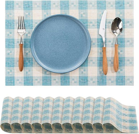 BACKTOEDEN Placemats Set of 12 Heat Resistant Washable Wipeable Placemat Woven Non-Slip Foldable Vinyl/Plastic Place Mats Indoor/Outdoor Mat Kitchen Dining Table Pad, Blue Checkered
