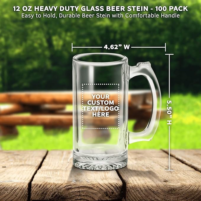 100 Libbey Beer Mugs Set, 12 oz. - Customizable Text, Logo - Groomsmen Glassware - Clear