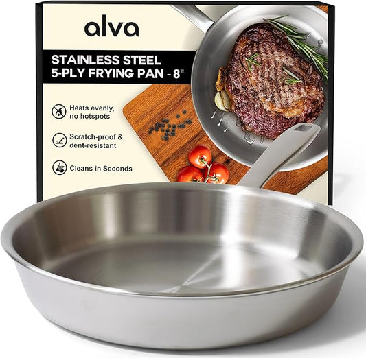 Alva Maestro 5-Ply Stainless Steel Frying Pan 8″ – Non-Toxic, Made without PFAS/PFOA/PTFE – Pro-Level Heat Control for No Hotspots, Induction & Oven Safe, Works on All Stovetops, Perfect Searing