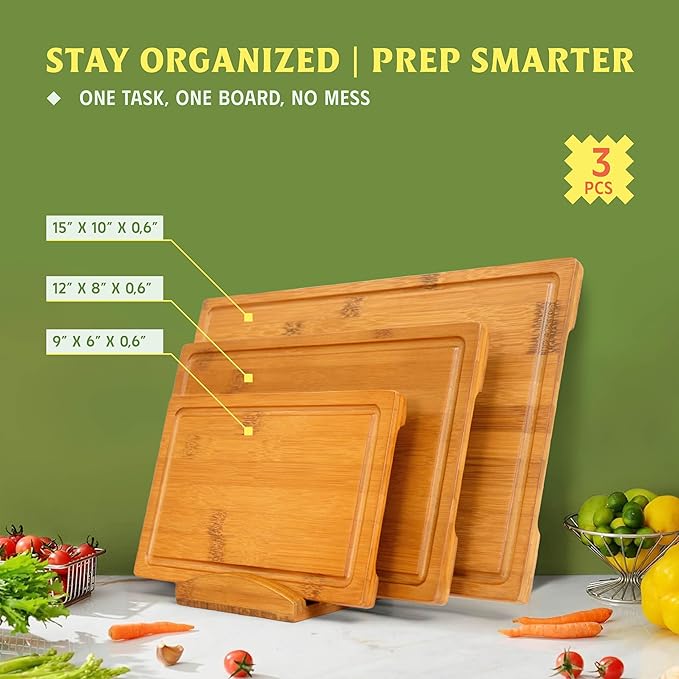 Carbonized Bamboo Cutting Board Set of 3 with Holder – Natural Reversible Kitchen, Charcuterie & Cheese Boards – Holiday Hosting Essentials. (S M L with Holder)