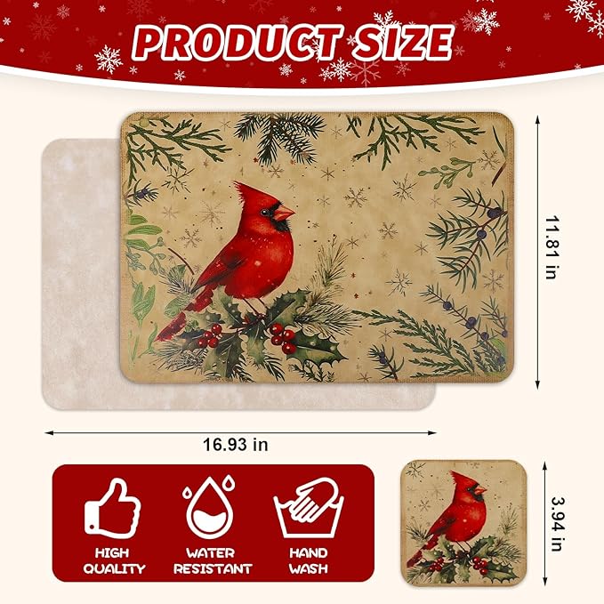 Le courant 16.9in 6PACK Christmas Bird Placemats with 6 Coasters, Reversible Faux Leather Easy Clean Waterproof Stain Resistant Place Mats, for Home Party Dining Holiday Table Decor