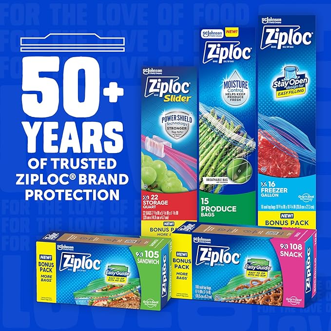 Ziploc Gallon Food Storage Freezer Bags, Stay Open Design, Easy to Fill, 66 count, 2 Pack, 132 Total