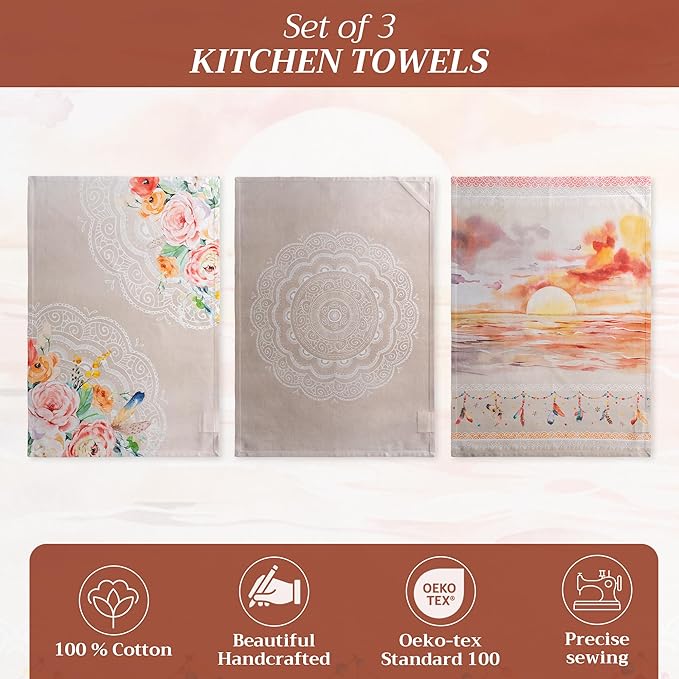 Maison d' Hermine Kitchen Towels Set of 3 100% Cotton 27.50" x 20" Reusable Cloth Tea Dish Towels Absorbent with Hanging Loop for Kitchen, Home, Dining, Cocktail Parties Spring/Summer (Ibiza - Beige)