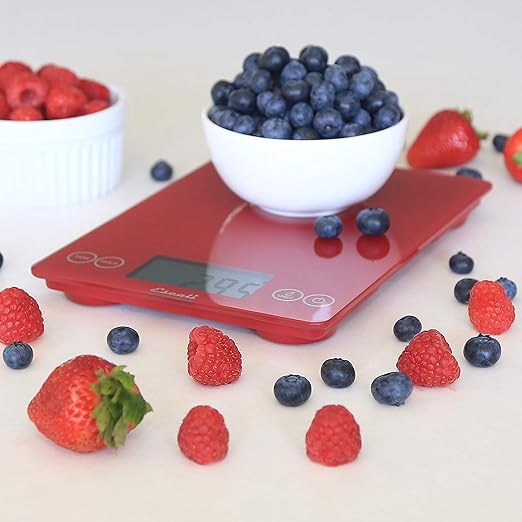 Escali Arti Glass Food Scale Digital Countertop Kitchen, Baking and Cooking Scale with Nutrition and Calorie Counter, 15-Pound Capacity, 9" x 6.5" x .75", Rio Red
