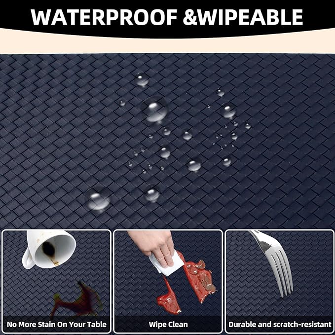 Vinyl Placemats Set of 6-12×17.7 Inch Waterproof & Heattable Placemats, Fall Faux Leather Wipeable Outdoor Table Mat for Dining, Kitchen, Indoor Outdoor Use (Dark Blue, Woven Pattern)
