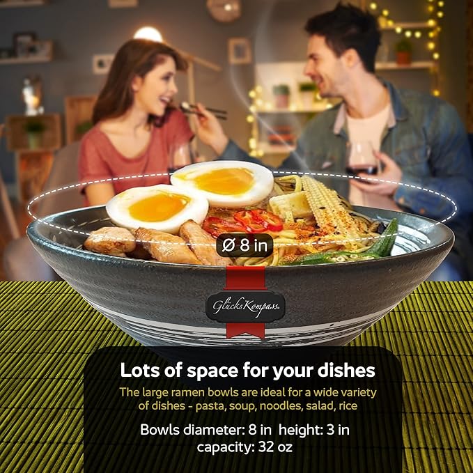 Japanese Ramen Bowl Set made of ceramic (8 pcs) with chopsticks, ceramic spoons, large 8 inches diameter, 32 oz (1 quart) | Pho Bowls Noodle Soup Bowl Asian Rice Bowl Chinese Bowl Thai