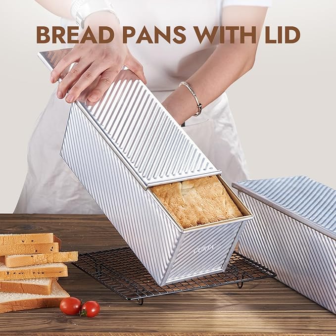 CURTA Commercial Pullman Loaf Pan with Lid 2.2 lb Dough Capacity Non-Stick Bakeware for Baking Bread Corrugated Bread Toast Box Mold Extra Large Loaf Pan Silver 2 pcs