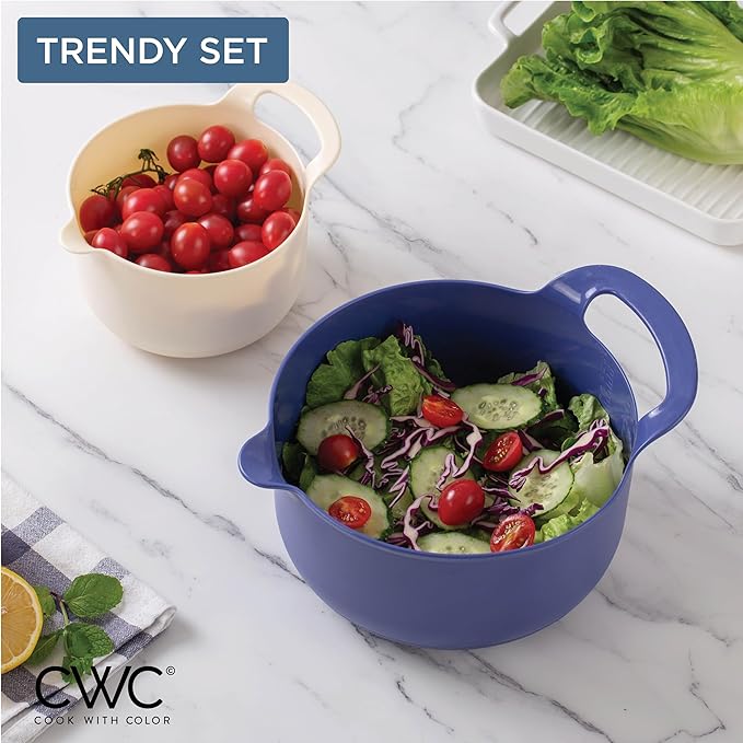 COOK WITH COLOR Nesting Plastic Mixing Bowl Set with Pour Spouts and Handles, Ombre Blue, 4 Piece Non-Slip