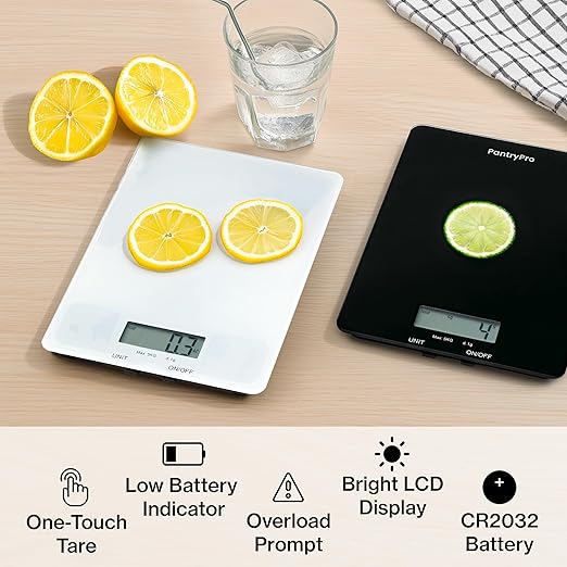 Glass Platform Digital Kitchen Scale - for Food Coffee Lab - LCD Display gram Ounces lb:oz fl.oz ml - 11 LB/5 KG Capacity - Battery Included - White by The Display Guys