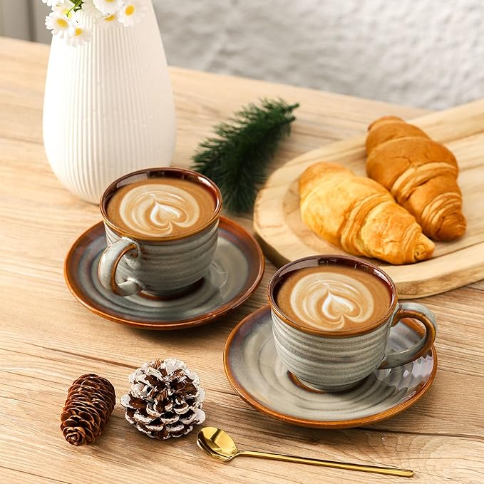 Ceramic Espresso Cups with Saucers 8 Oz,Set of 4 Cappuccino Mug with Handle for Coffee,Tea,Latte and Macchiato,Porcelain Demitasse Cups Set for Kitchen and Cafe,Christmas Gift,Brown