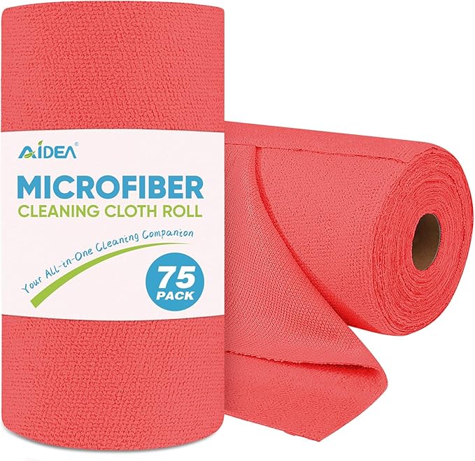AIDEA Microfiber Cleaning Cloth Roll, 75PK Red, Reusable Paper Towels Tear Away Cloth, Microfiber Towels Washable Shop Rags, Lint Free Cleaning Rags for House, Kitchen, Window, 11.5"×11.5"