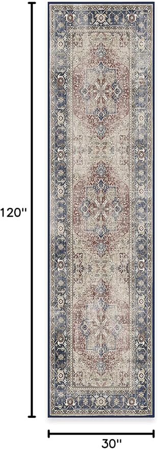 RUGGABLE Washable Vintage Runner Rug – Kamran Royal Blue 2.5x10, Stain-Resistant, Non-Slip Hallway Runner – Machine Washable Rug for Hallway, Entryway, Living Room & Kitchen–with Standard Pad