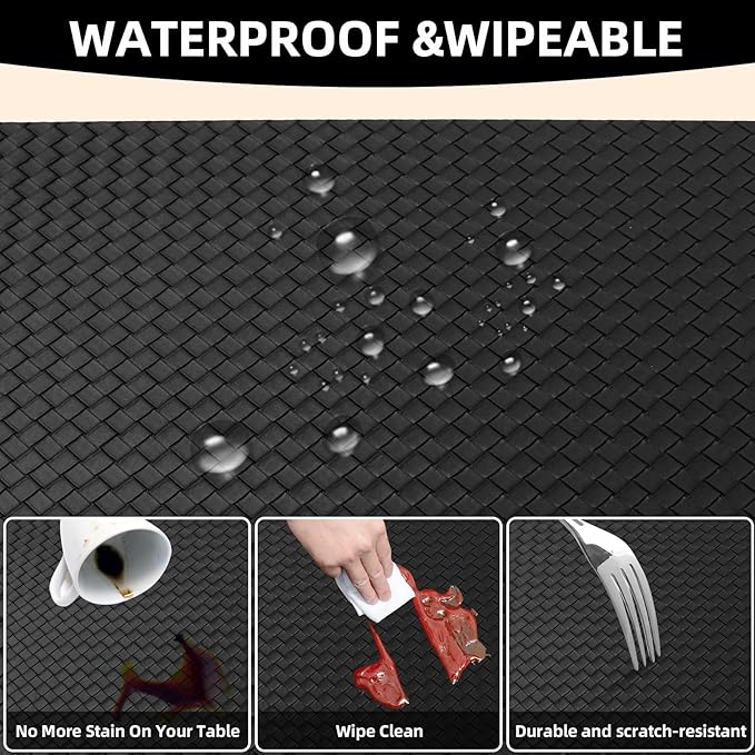 Vinyl Placemats Set of 6-12×17.7 Inch Waterproof & Heattable Placemats, Fall Faux Leather Wipeable Outdoor Table Mat for Dining, Kitchen, Indoor Outdoor Use (Black, Woven Pattern)