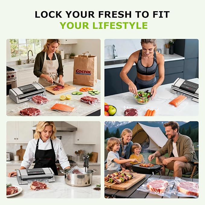 Bonsenkitchen Vacuum Sealer for Food, Easy-Lock Handle Vacuum Sealer Machine with Bag Clip, Built-in Cutter and Bag Storage for Sous Vide and Meal Prep, 1 Roll Bag & 10 Pre-Cut Bags, Silver