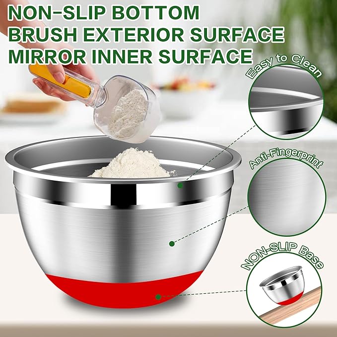 Mixing Bowls with Lids Set - 16pcs Stainless Steel Mixing Bowl Set with Colander, 3 Grater Attachments, Non-Slip Bottom, Metal Nesting Bowls with Strainer for Mixing & Serving - Multicolor