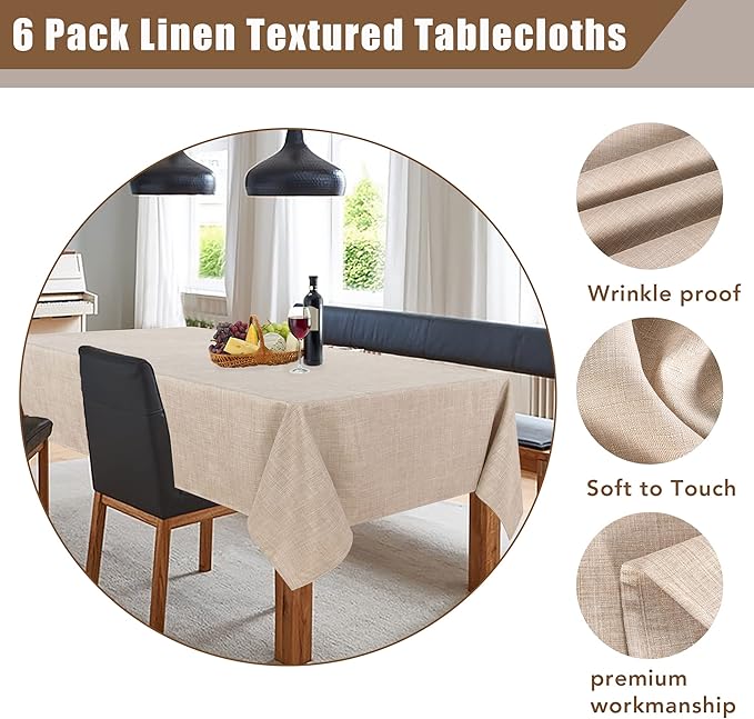 Fitable Faux Linen Tablecloths Rectangle 60 x 120 Inch - 6 Pack Neutral Table Clothes for 8 Foot Tables, Beige Faux Burlap Kitchen Table Covers for Dining, Party, Farmhouse, Banquet, Buffet