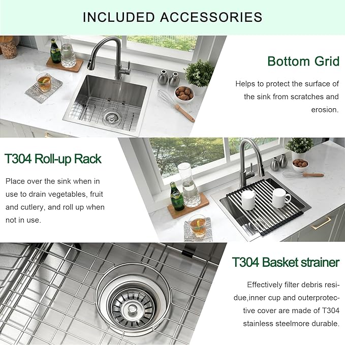 Drop In Kitchen Sink, 18 x 18 x 10 Inch 16 Gauge Single Bowl Topmount Wet Bar Sink T-304 Stainless Steel Kitchen Sinks