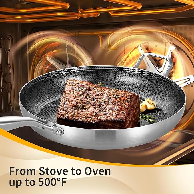 Inqibee 14.5-Inch Hybrid Ceramic Nonstick Tri-Ply Stainless Steel Frying Pan with Lid, Large Skillet,Induction Chef's Cooking Pan,Dishwasher and Oven Safe