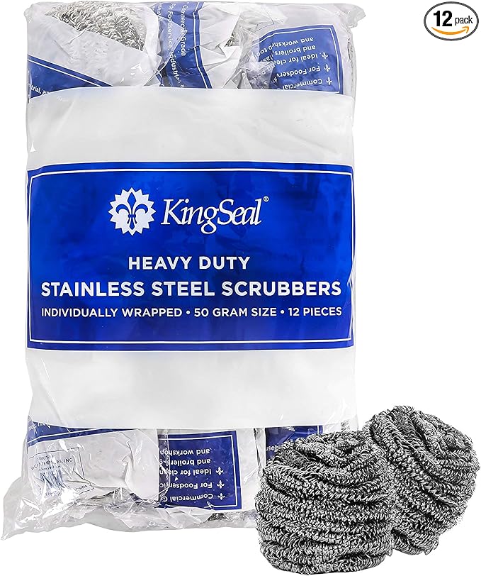 12 Count | KingSeal Stainless Steel Scrubbers, Scrub Pads, Heavy Duty, 50 gram Weight, Individually Wrapped - 1 Pack of 12