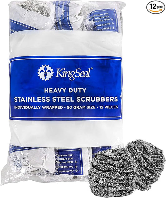 12 Count | KingSeal Stainless Steel Scrubbers, Scrub Pads, Heavy Duty, 50 gram Weight, Individually Wrapped - 1 Pack of 12