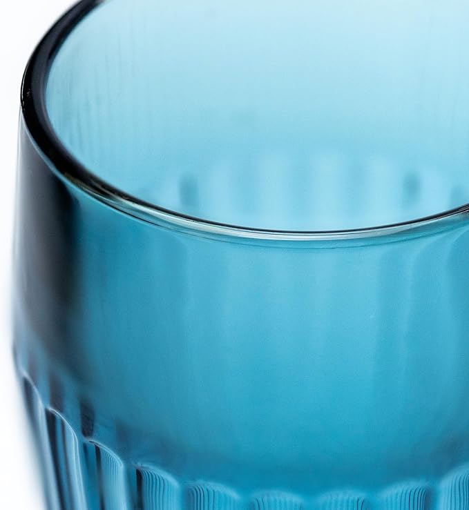 Blue Drinking Glasses Set Of 4-14 oz Vintage Aesthetic Colored Water Tumblers, Thick Glass Heavy Duty Ribbed Glassware, Retro Drinkware Home Bar Cocktail Cups, Kitchen Drink Cup Gift Sets