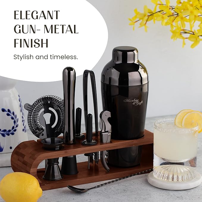 Mixology Bartender Kit: 10-Piece Bar Tool Set with Mahogany Stand | Perfect Home Bartending Kit and Martini Cocktail Shaker Set for a Perfect Drink Mixing Experience | Housewarming Gift (Gun-Metal)