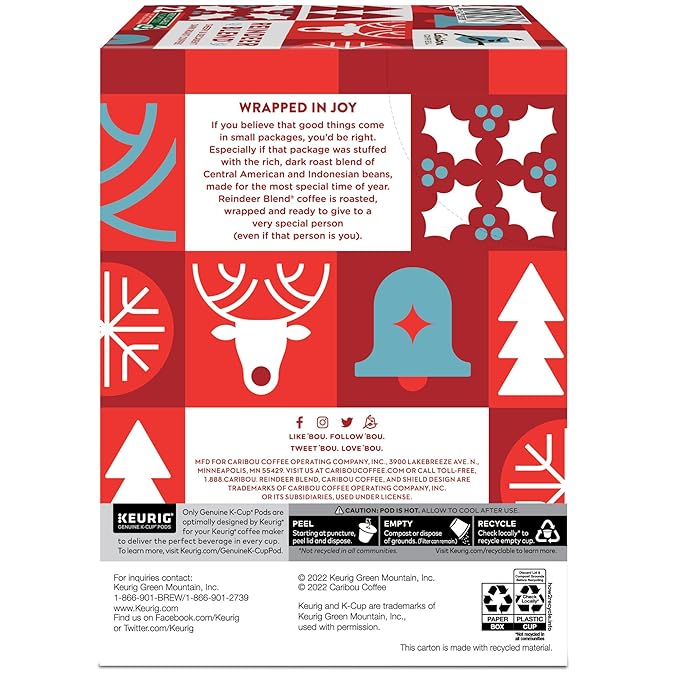 Caribou Coffee Reindeer Blend, Single-Serve Keurig K-Cup Pods, Dark Roast Coffee Pods, 88 Count