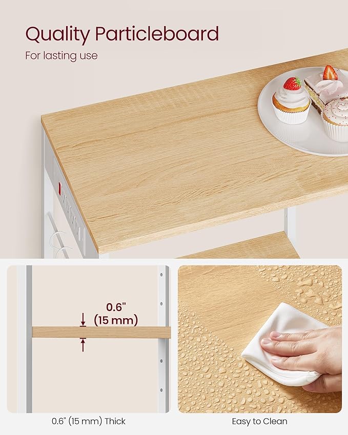 VASAGLE Baker's Rack, Coffee Bar Stand with Charging Station, Storage Shelves, Pull-Out Wire Basket, Table for Microwave, Kitchen, Oak Beige UKKS036Y09, 15.7 x 35.4 x 35.6 Inches