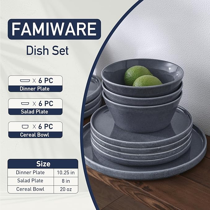 Famiware Annecy Dinner Plates and Bowls Sets, Stoneware Dinnerware Sets, Dishes Set for 6, 18 Pieces Handmade Dishware Set - Microwave & Dishwasher Safe, Double Reactive Glaze Tableware, Misty-Blue