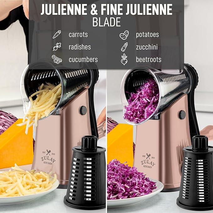 Zulay Kitchen Rotary Cheese Grater 5 Blade Cheese Shredder - Manual Hand Crank Cheese Grater With Reinforced Suction & 5 Interchangeable Drums - Easy to Use, Vegetable Chopper Round Mandoline Slicer