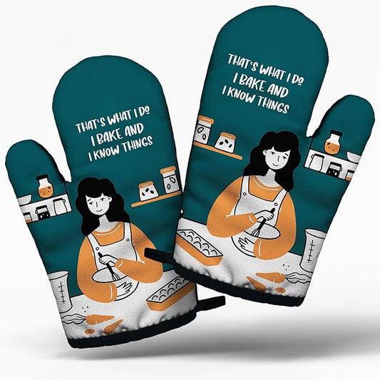 Funny Housewife Cooking and Baking BBQ Kitchen Gadgets with Heat Resistant Silicone Non-Slip, That's What I Do I Bake and I Know Things Oven Mitts Set of 2, Gifts for Bake Lover Mom Aunt Wife Sister