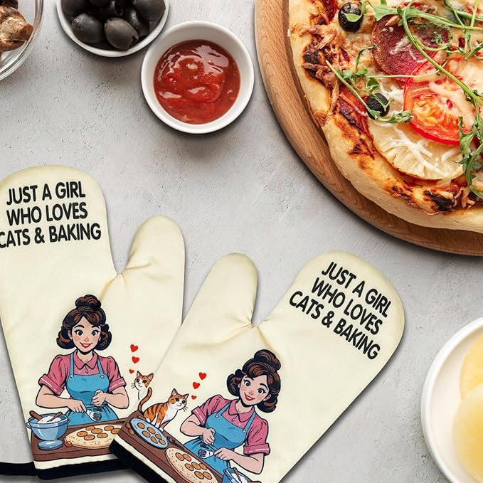 2 Pack Funny Oven Mitts for Women, Just A Girl Who Loves Cats & Baking, Vintage Lady Heat Resistant Silicone Non-Slip Mitts, Cat Lovers Gifts, Kitchen Baking Gifts for Hostess Baker Friend