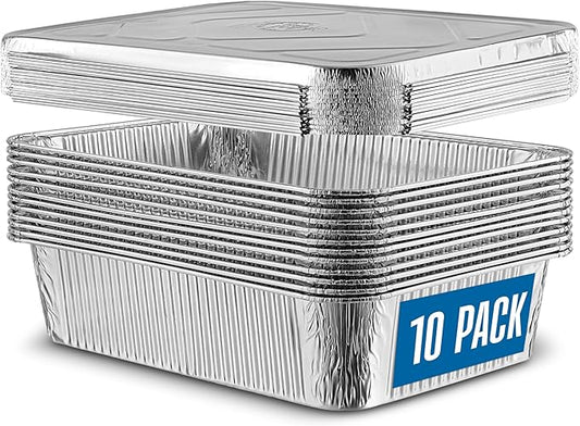 PLASTICPRO 10 Pack Aluminum Pans 12.5'' x 9" Disposable Pans with Covers Heavy Duty 8 lb Foil Pans for Baking and Cooking