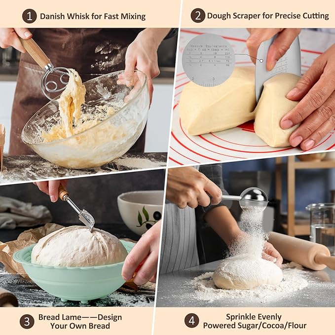 Neddie Upgraded Silicone Banneton Bread Proofing Basket, Sourdough Bread Baking Supplies Set of 2,9 Inch Round & 10 Inch Oval Foldable Sourdough Baking Baskets, Sourdough Starter Kit(Green)