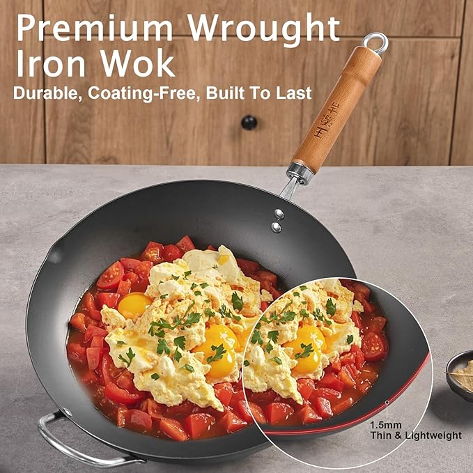 WANGYUANJI Iron Wok,12.59 inch Woks for Stir-fry, Chinese Stir Fry Pan Uncoated, Traditional Flat Bottom Iron Pot for Induction, Electric, Gas, Suitable for All Stoves(Pure Iron Wok)