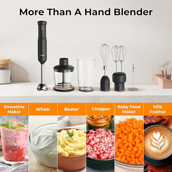 Rosewill 6-in-1 Multi-Speed Cordless Rechargeable Immersion Hand Blender, Heavy Duty Motor - Stick Blender, Beaker, Whisk, Chopper, Dual Beater, Milk Frother - For Smoothies, Baby Food, Soup (Black)