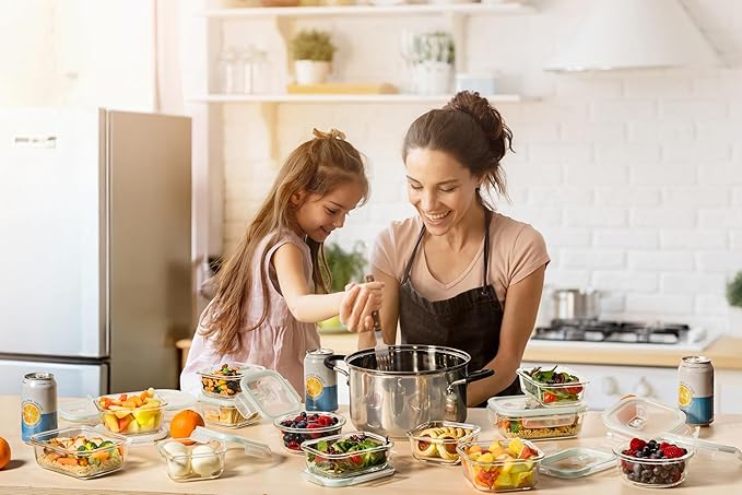 Razab 24 Pc Airtight Glass Food Storage Containers - Glass Meal Prep Containers - Freezer to Oven Safe - Steam Release Valve BPA Free - Airtight Bento Boxes - Leak Proof (12 lids & 12 Containers)