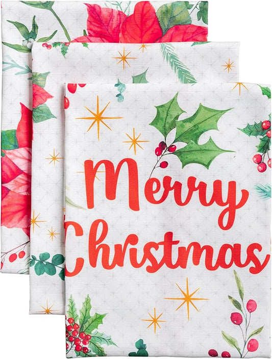 Maison d' Hermine Kitchen Towels Set of 3 100% Cotton 20" x 27.5" Reusable Cloth Tea Dish Towels Absorbent with Hanging Loop for Kitchen Thanksgiving Christmas Decorations (Poinsettia Christmas)