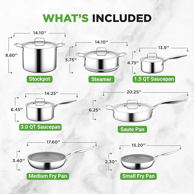 NutriChef 12-Piece Professional Stainless Steel Cookware Set – Tri-Ply Pots, Ceramic Non-Stick Fry Pans, Induction Compatible, Strong Riveted Handles, Dishwasher Safe
