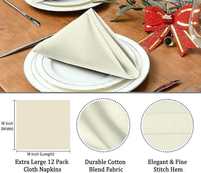 Ruvanti Cloth Napkins Set of 12, 18x18 Inches Napkins Cloth Washable, Soft, Durable, Absorbent, Cotton Blend. Table Dinner Napkins Cloth for Hotel, Lunch, Restaurants, Wedding Parties - Ivory/Cream