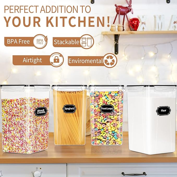 PRAKI Extra Large Tall Airtight Food Storage Containers 6.5L / 220oz, BPA Free, 4pcs Pantry Kitchen Organizers and Storage for Flour, Sugar, Plastic Flour Container with 20 Labels & Maker
