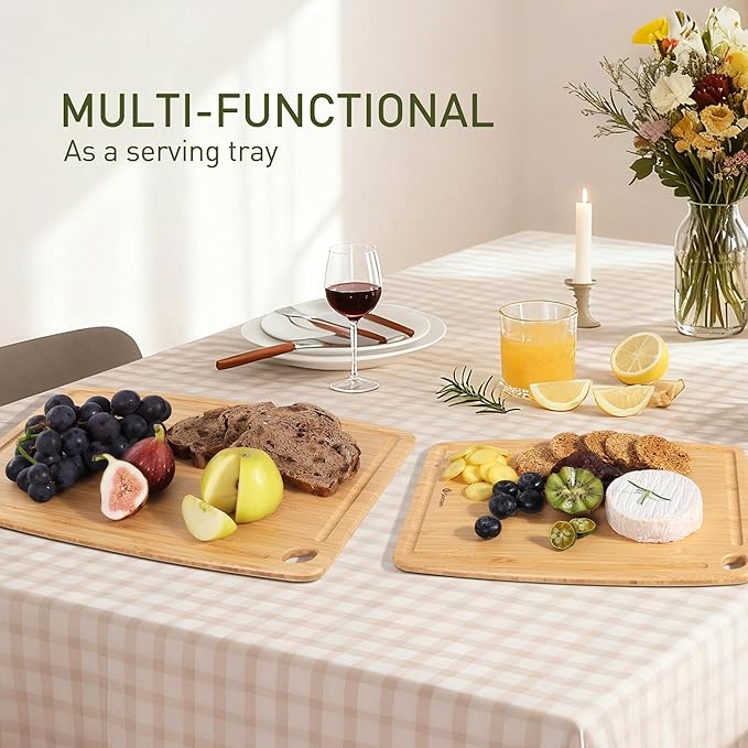 Lightweight Durable Bamboo Cutting Board Set with Non-Slip Feet, Wooden Cutting Boards for Busy Kitchen, Easy Storage & Clean Wooden Chopping Boards with Juice Groove Set of 2 (M+L)
