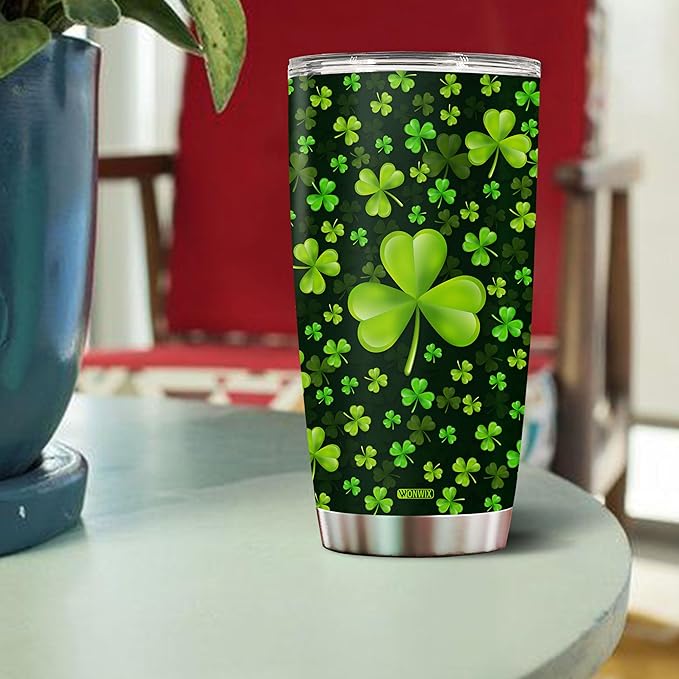 Personalized Green Irish Shamrocks Tumbler For Women with Lid Insulated 20 oz Stainless Steel Water Bottle Coffee Cup Travel Mug Gift For Mom Daughter Wife Girls