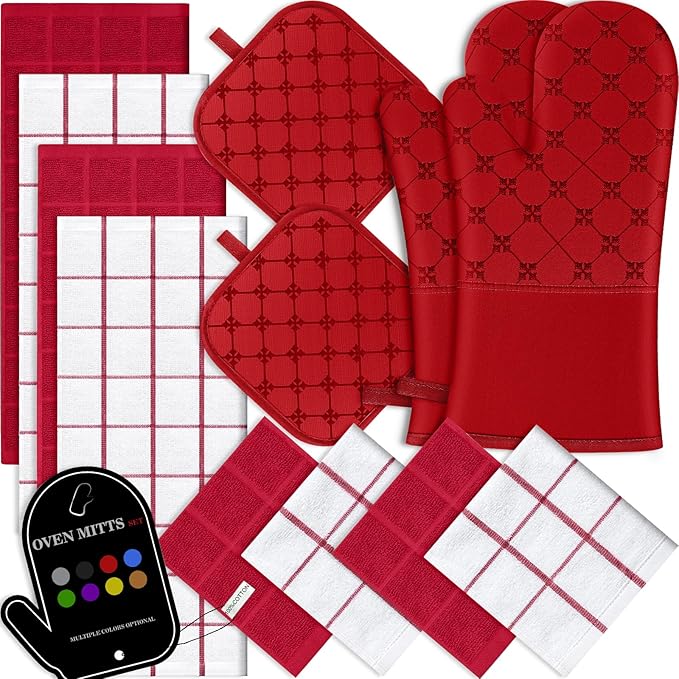 Oven Mitts Kitchen Towels Dishcloths with Pot Holders Sets 12PCS, Dish Towels Sets, Oven Gloves Pot Pads Heat Resistant 500 Degrees with Non-Slip Silicone Surface for Cooking Baking Grilling Red