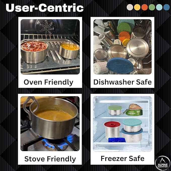 12 Pcs - 6 Stainless Steel Containers + 6 Silicone Lids | 304 Stainless Steel Snack Container | Nesting Snack and Dip Containers | Metal Food Storage