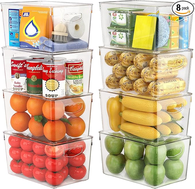 theaoo Clear Storage Bins with Lids Stackable - Large Plastic Containers for Pantry Organization and Storage - Perfect for kitchen,Fridge,Laundry Room,Bathroom,Garage,Closet,Cabinet Organizer - 8 Pack