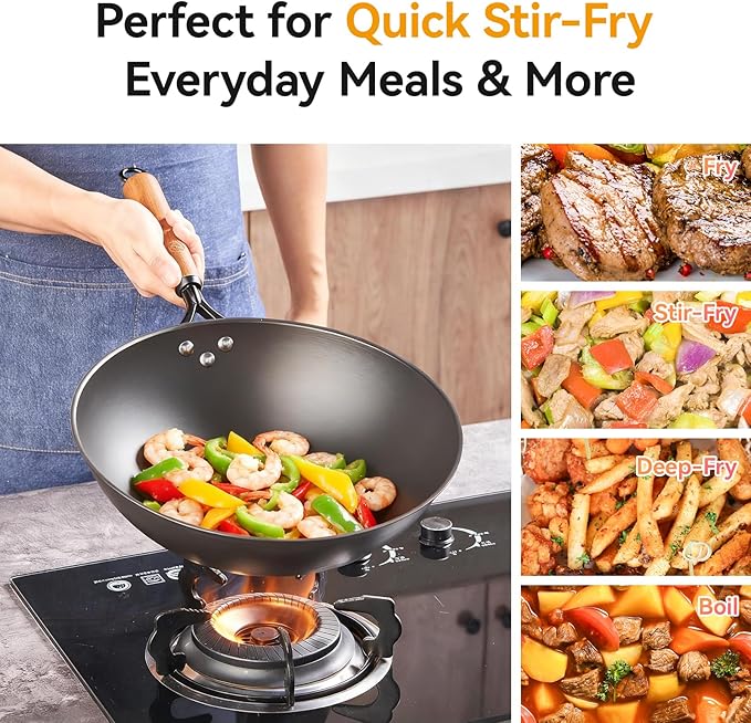 WANGYUANJI 12.6 Inch Iron Wok with Glass Lid, Flat Bottom Stir Fry Pan with Wooden Handle, Non-Coated Naturally Nonstick Skillet, Traditional Chinese Wok for Gas, Electric & Induction Cooking